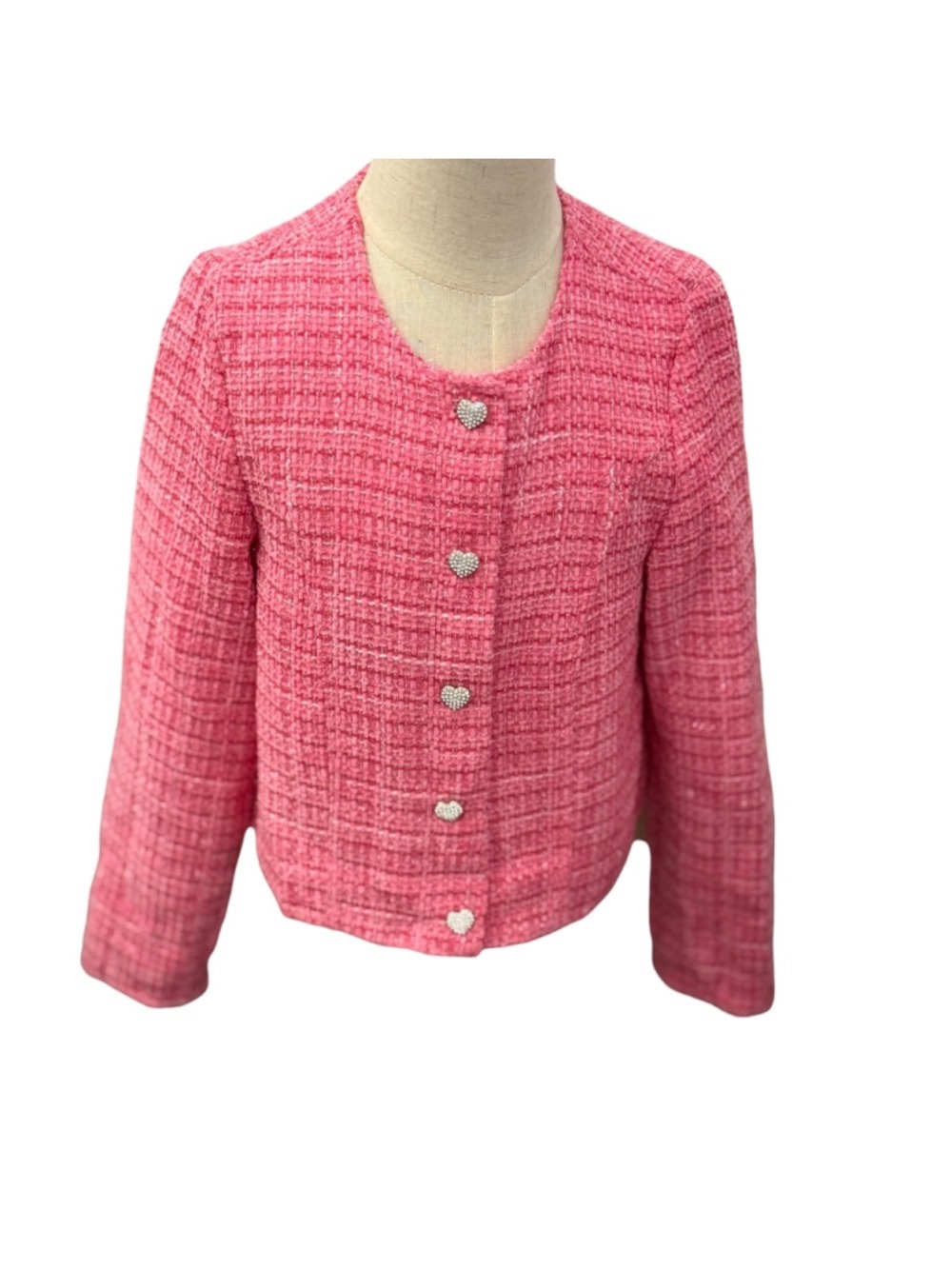 Rachel Zoe Girls Size 7 Pink Tweed Jacket Rhinestone Heart Buttons - Picture 2 of 6